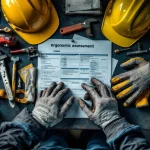 Bouwvakker handen met gereedschap op werkbank, omringd door veiligheidsuitrusting en ergonomische documenten in magazijn