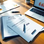 Bovenaanzicht modern bureau met open map met gestempelde certificaten 2026, laptop met grafieken en vulpen