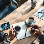 Modern minimalistisch bureau met koffie, notitieboek, pen en tablet met 2026 agenda in warm natuurlijk licht