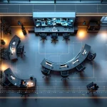 Moderne controleruimte met gebogen werkstations, videowall en ergonomische stoelen in vogelvluchtperspectief