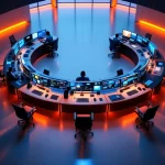 Luchtfoto van moderne controleruimte met gebogen werkstations in hoefijzervorm, meerdere monitoren en ergonomisch meubilair