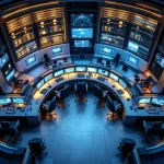 Moderne controlekamer met ergonomische werkstations, gebogen monitoropstelling en blauwgrijze inrichting vanuit vogelperspectief