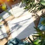 Duurzaam inzetbaarheidsplan op bureau met laptop, 2026 kalender, planten en natuurlijke elementen in bovenaanzicht