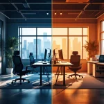 Vergelijking van traditionele 2024 werkplek met moderne 2026 ergonomische kantoorinrichting met verstelbare bureaus en stoelen