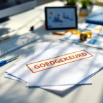 Nederlands document met GOEDGEKEURD stempel, meetlint, tablet met ergonomische diagrammen en TNO certificeringspapieren op bureau