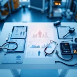 Medische onderzoekstafel met stethoscoop, bloeddrukmeter en biometrische apparaten voor arbeidsgezondheidskeuring