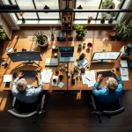 Bovenaanzicht van twee moderne kantoorwerkplekken met ergonomische inrichting en samenwerkingsdocumenten