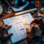 Handen markeren nachtdiensten op 2026-kalender met RVU-documenten, rekenmachine en klok op bureau