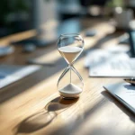 Zandloper op modern bureau omringd door TNO en RVU documenten, tablet met voortgangsbalk en ergonomische kantooraccessoires.