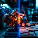 Werkplek split-screen: handen tillen zwaar gereedschap links, rommelig bureau met stress rechts