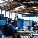 Nederlandse 112 meldkamer met operator aan multi-monitor werkplek, houten balken plafond en blauwe scheidingswanden