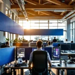 112-meldkamer operator met headset aan multi-monitor werkplek in moderne dispatching ruimte met houten balken