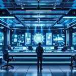 Futuristische controleruimte met holografische displays, AI-monitoren, communicatie-arrays en ergonomische werkstations