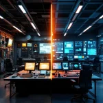 Moderne controlekamer gesplitst tussen verouderde CRT-monitoren links en moderne digitale displays rechts met blauwe en oranje verlichting