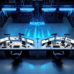 Luchtfoto van moderne noodcentrale tijdens systeemmigratie met oude en nieuwe werkstations, monitors tonen voortgang