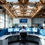 112-meldkamer operator met headset aan bureau met drie monitoren in moderne dispatching ruimte met houten balken