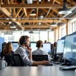 Nederlandse 112-meldkamer met operator aan werkstation met drie monitoren, houten balken en blauwe scheidingswanden