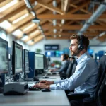 Nederlandse 112 meldkamer met operator aan werkstation met drie monitoren en headset onder houten balken