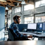 Nederlandse 112 meldkamer met operator aan gebogen bureau met drie monitoren onder houten balken en natuurlijk licht