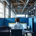 Nederlandse 112 meldkamer met operator aan werkstation met drie monitoren, houten balken en natuurlijk licht