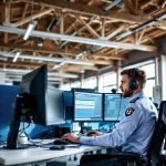 Nederlandse 112 meldkamer met operator aan werkstation met drie monitoren en headset in modern kantoor met houten balken