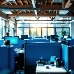 Nederlandse 112-meldkamer met operator aan werkstation met drie monitoren en headset in moderne kantooromgeving