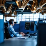 Nederlandse 112 meldkamer met operator aan bureau met drie monitoren, houten balken en blauwe werkplekscheidingen