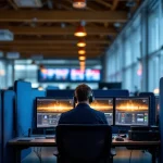 112-meldkamer operator met headset aan bureau met drie monitoren, houten balken en natuurlijk licht door ramen