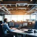 Operator met headset in moderne Nederlandse 112 meldkamer met houten balken, blauwe scheidingswanden en meerdere monitoren