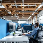 Nederlandse 112-meldkamer met operator aan werkstation met drie monitoren en headset in moderne kantoorruimte