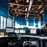 112-meldkamer operator met headset aan bureau met drie monitoren in moderne dispatching ruimte met houten balken