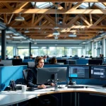 112-meldkamer operator met headset aan bureau met drie monitoren in moderne dispatching centrale met houten balken