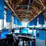 Nederlandse 112 meldkamer met operator aan gebogen bureau met drie monitoren onder houten balken en blauwe scheidingswanden