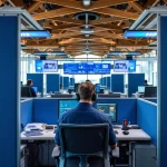 112-meldkamer operator met headset aan drie monitoren in moderne Nederlandse alarmcentrale met houten balken