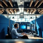 Nederlandse 112 meldkamer met operator aan werkstation met drie monitoren, houten balken en blauwe scheidingswanden