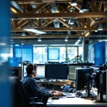 Noodcentrale 112 operator met headset aan werkstation met drie monitoren in open kantoor met houten balken