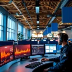 Nederlandse 112-meldkamer met operator aan werkstation met drie monitoren, houten plafondbalken en blauwe scheidingswanden