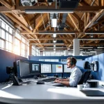 Nederlandse 112 meldkamer met operator aan bureau met drie monitoren, houten balken en blauwe scheidingswanden