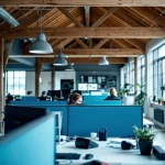 Nederlandse 112-meldkamer met operator aan werkstation met drie monitoren, houten balken en blauwe scheidingswanden