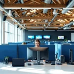 Nederlandse 112 meldkamer met operator aan werkstation met drie monitoren, houten balken en blauwe scheidingswanden