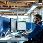 Nederlandse 112 meldkamer met operator aan werkstation met drie monitoren, houten balken en blauwe scheidingswanden