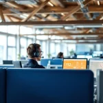 Nederlandse 112 meldkamer met operator aan werkstation met drie monitoren onder houten balken en natuurlijk licht