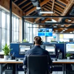 Nederlandse 112 meldkamer met operator aan werkstation met drie monitoren, houten balken en blauwe scheidingswanden