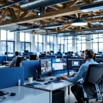 Moderne Nederlandse 112 meldkamer met operator aan werkstation met drie monitoren en blauwe scheidingswanden