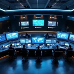 Moderne noodoproep controlecentrum met gebogen werkstations, grote monitoren en tien operationele zones met LED-verlichting