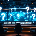 Moderne noodcentrale met gebogen monitoren, holografische vraagtekens en verlichte bedieningspanelen voor hulpdiensten