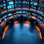 Moderne noodcentrale met gebogen werkstations, meerdere monitoren met digitale kaarten en LED-verlichting