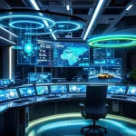 Moderne controlekamer met gebogen monitoren, holografische interfaces en LED-verlichting voor noodhulpdiensten