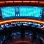 Moderne noodcentrale met gebogen werkstations, meerdere monitoren en prominente dienstroosters op wandscherm