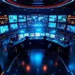 Moderne noodcentrale met gebogen werkstations, gloeiende monitors en blauw-amber verlichting voor snelle hulpverlening